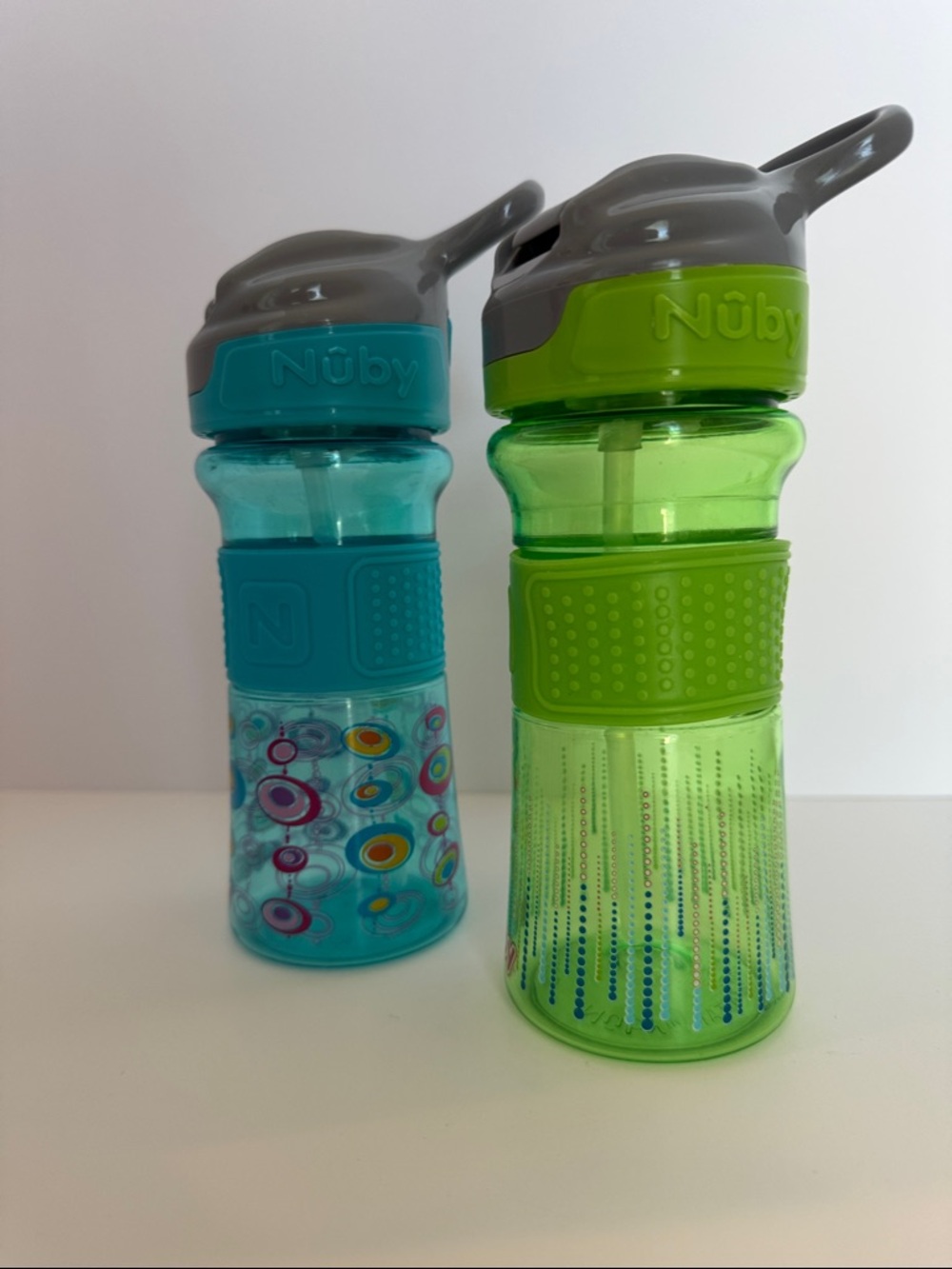 Nuby Brand Kids Leak-Resistant Flip-Top Straw Drinking Bottles - Green and Teal
